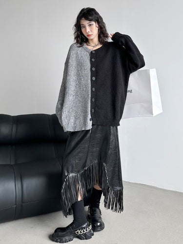 1719673 A-Line Irregularity Asymmetric Buttoned Crocodile Texture Solid Color Tasseled Skirts Bottoms