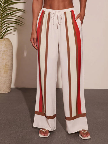 1784972 High Waisted Wide Leg Contrast Color Drawstring Elasticity Pockets Pants Trousers