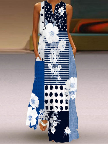 1738999 A-Line Loose Contrast Color Pockets Printed Split-Joint V-Neck Maxi Dresses