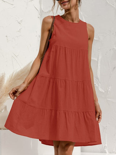 1780278 A-Line Loose Pleated Solid Color Split-Joint Round-Neck Mini Dresses