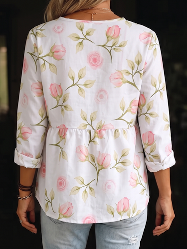 1785762 Long Sleeves Loose Buttoned Flower Print V-Neck Blouses&Shirts Tops