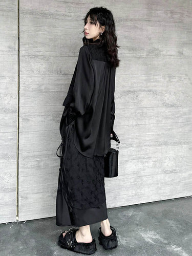 1726304 Solid Color Split-Joint Asymmetric Drawstring Flower Print   False Two Lapel Buttoned Pockets Blouses&Shirts Tops + Elasticated Waist Double Layered Skirts Bottoms Two Pieces Set