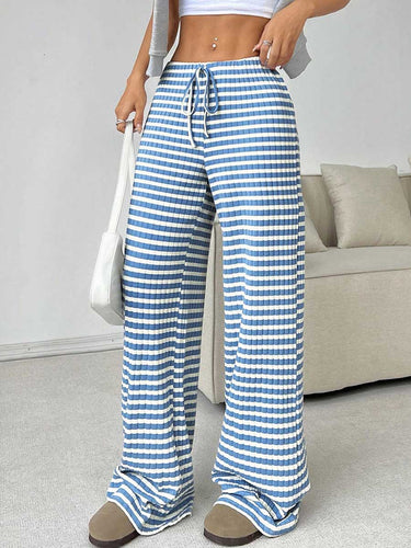 1751363 Elasticated Waist High Waisted Contrast Color Drawstring Split-Joint Striped Pants
