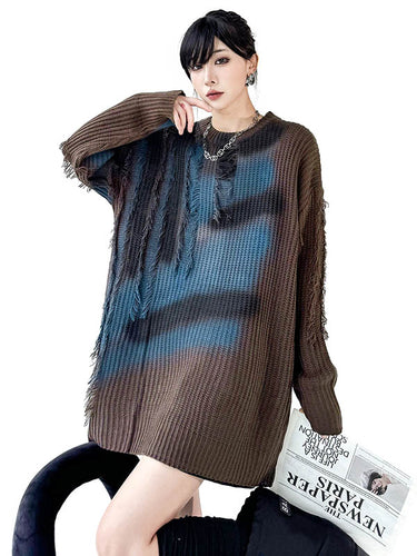 1720230 Irregularity Long Sleeves Abstract Printed Asymmetric Contrast Color Split-Joint Tasseled Round-Neck Sweater Tops
