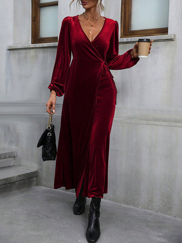 1737017 High Waisted Long Sleeves Solid Color Split-Side Tied Waist Velvet Deep V-Neck Maxi Dresses