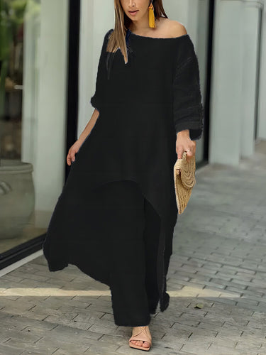 1780473 Asymmetric Solid Color High Waist High-Low Round-Neck Tops + Wide Leg Pants Bottoms Two Pieces Set