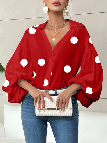 1780294 Long Sleeves Loose Contrast Color Pleated Polka Dot Split-Joint Lapel Blouses&Shirts Tops