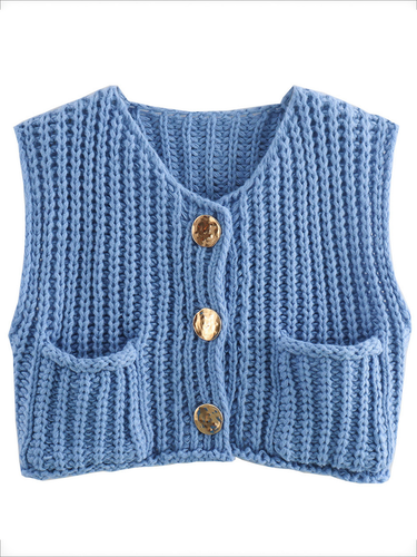 1783571 Sleeveless Buttoned Pockets Solid Color Cardigan Tops Knit Top
