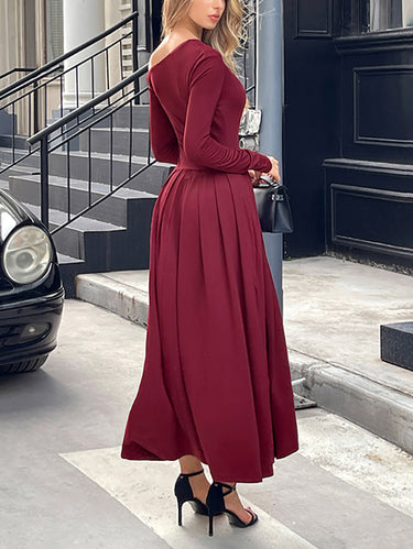 1731824 High Waisted Long Sleeves Pleated Solid Color Split-Front One-Shoulder Maxi Dresses