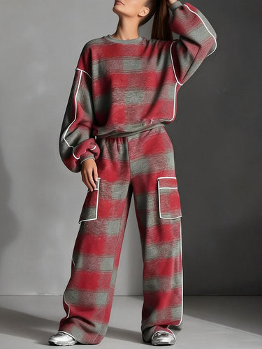 1743470 Long Sleeves Loose Contrast Color Line Split-Joint Striped Round-Neck Sweatershirt