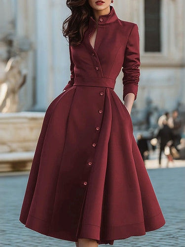 A-Line High Waisted Buttoned Pockets Solid Color Split-Joint Stand Collar Midi Dresses