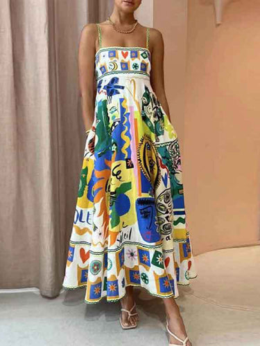 1751335 A-Line High Waisted Contrast Color Pleated Printed Split-Joint Spaghetti-Neck Midi Dresses