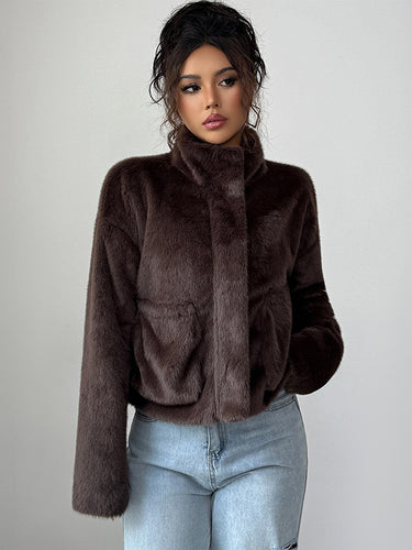 1721778 Long Sleeves Loose Pockets Solid Color Zipper Stand Collar Outerwear Sweater Tops