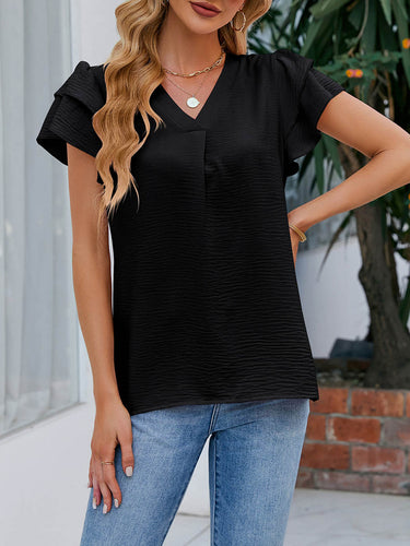 1753307 Blusas de cor sólida com mangas soltas com babados e decote em V texturizado com abertura lateral.&Scamisas Tops