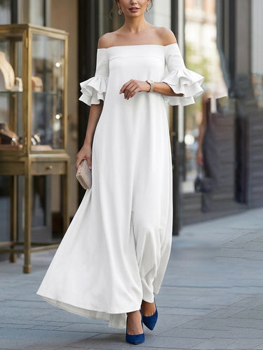 1765346 Half Sleeves Loose Solid Color Off-The-Shoulder Maxi Dresses