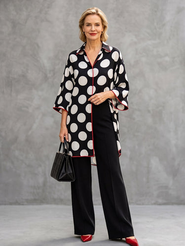 1788898 Split-front Split-Joint Polka Dot Contrast Color Three-quarter Sleeves Loose V-neck Blouses&shirts Tops