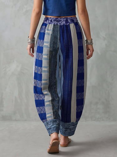 1786789 Loose Wide Leg Elasticity Pockets Printed Pants Trousers