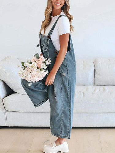 1783221 Cropped Wide Leg Buttoned Pockets Solid Color Adjustable Straps Overalls