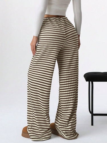 1751370 Elasticated Waist High Waisted Contrast Color Drawstring Split-Joint Striped Pants