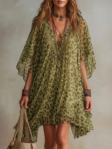 1779182 Batwing Sleeves Half Sleeves Asymmetric Contrast Color Leopard Ruffle Trim See-Through Deep V-Neck Mini Dresses
