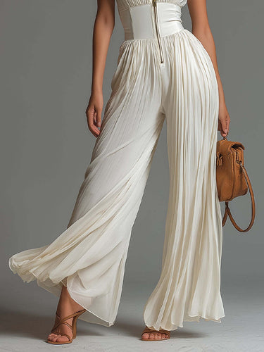 1780814 High Waisted Sleeveless Pleated Solid Color Zipper V-Neck Jumpsuits
