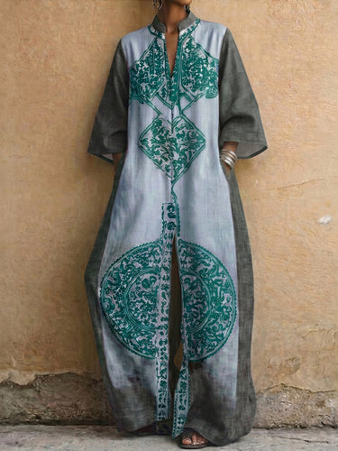 Loose Three-Quarter Sleeves Contrast Color Ethnic Printed Pockets V-Neck Jumpsuits