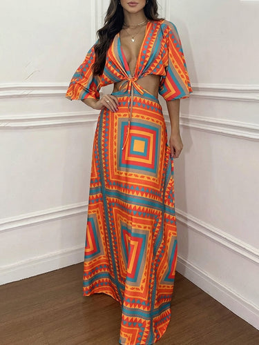 1775725 A-Line Cropped Contrast Color Knot Printed Split-Joint Deep V-Neck Maxi Dresses