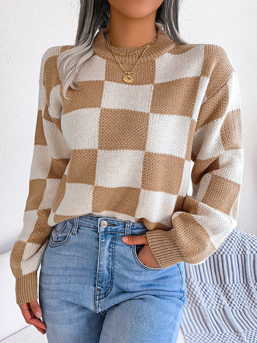 1713660 Long Sleeves Loose Contrast Color Plaid Round-Neck Sweater Tops
