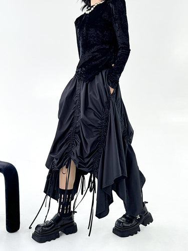 1721449 A-Line Elasticated Waist Asymmetric Drawstring Pleated Solid Color Skirts Bottoms