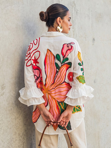 1784881 Flared Sleeves High-Low Buttoned Contrast Color Flower Print Lapel Blouses&Shirts Tops