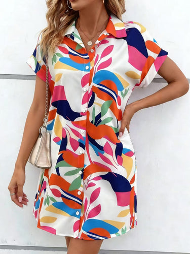 1780337 Short Sleeves Buttoned Contrast Color Printed Lapel Mini Dresses Shirt Dress