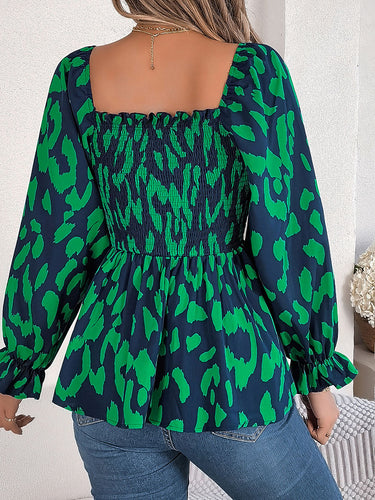 1756007 Long Sleeves Puff Sleeves Leopard Pleated Ruffled Square-Neck T-Shirts Tops