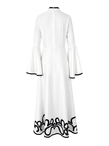 A-Line Flared Sleeves Abstract Printed Contrast Color Hollow Line Split-Joint Stand Collar Maxi Dresses