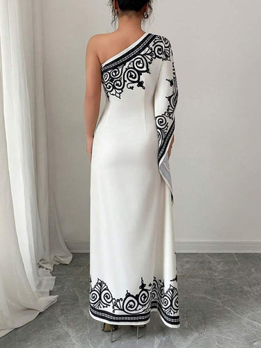 1670008 Batwing Sleeves Loose Asymmetric Elasticity Flower Print Pleated One-Shoulder Maxi Dresses