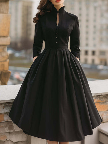 A-Line High Waisted Buttoned Pleated Pockets Solid Color Stand Collar – Uoozee official