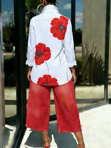 1755975 Long Sleeves Loose Buttoned Contrast Color Flower Print Split-Joint Lapel Blouses&Shirts Tops