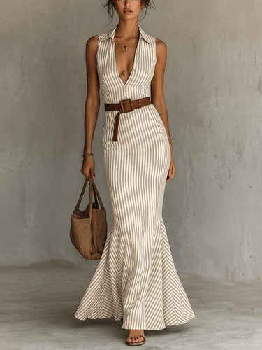 1782026 Bodycon Mermaid Belted Striped Deep V-Neck Maxi Dresses