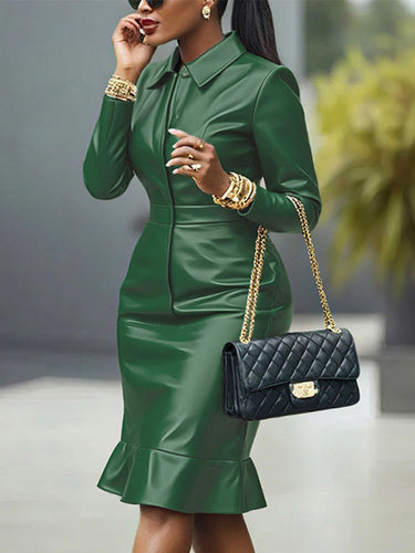 Bodycon Long Sleeves Buttoned Elasticity Ruffle Trim Solid Color Split-Joint Lapel Midi Dresses