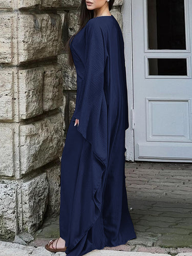 1717844 Batwing Sleeves Long Sleeves Solid Color Round-Neck Maxi Dresses