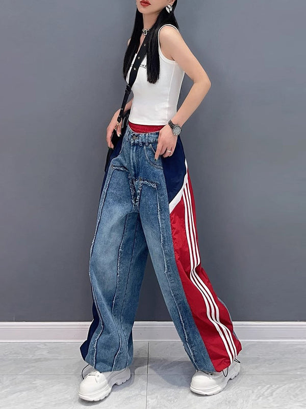Contrast Color Drawstring Elasticity Fringed Split-Joint Loose Wide Leg Jean Pants Bottoms