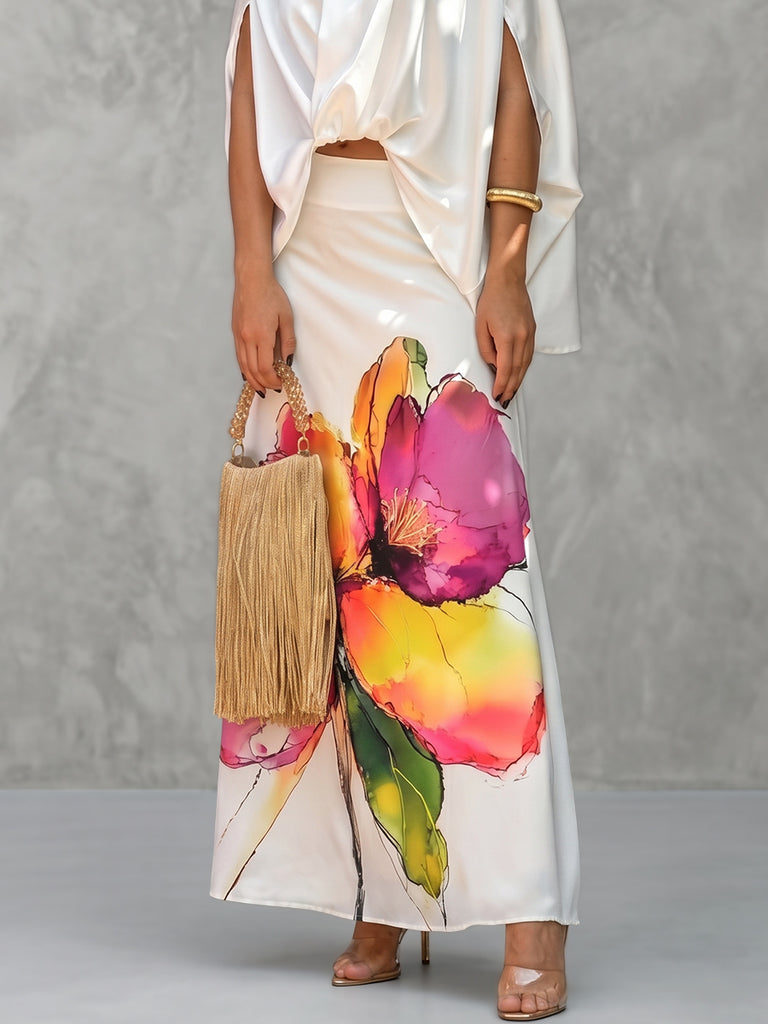 High Waisted Loose Contrast Color Flower Print Zipper Skirts