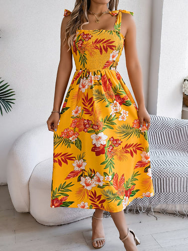 1783869 A-Line Loose Contrast Color Elasticity Flower Print Tied Spaghetti-Neck Midi Dresses
