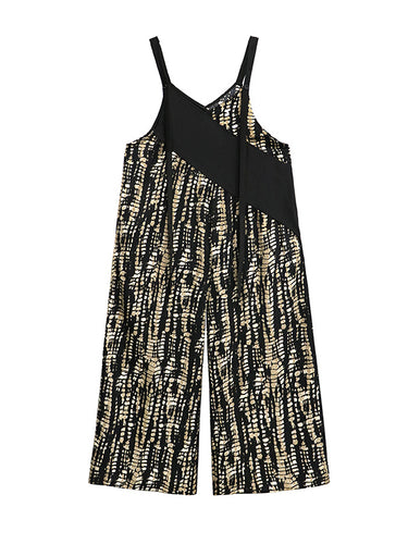 1719674 Loose Sleeveless Asymmetric Contrast Color Printed Split-Joint Spaghetti-Neck Overalls