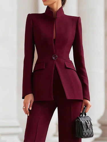 1712202 Long Sleeves Buttoned Pockets Solid Color Stand Collar Blazer Outerwear