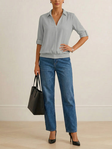 1733984 Half Sleeves Solid Color Split-Joint Lapel Blouses&Shirts Tops