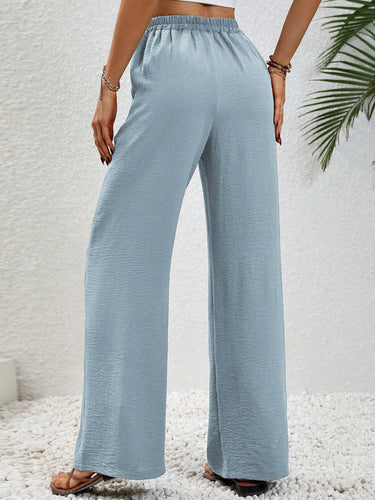 1747788 High Waisted Loose Elasticity Pleated Solid Color Tied Waist Pants Trousers