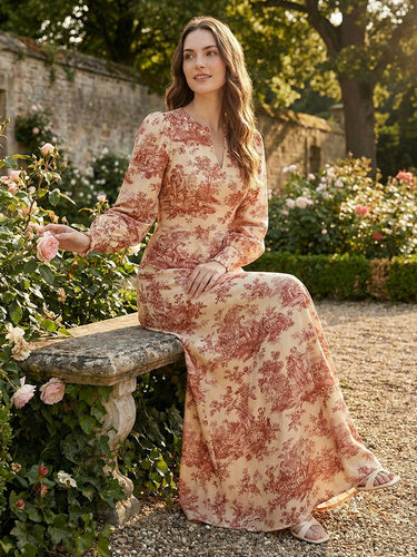 1750799 Elasticated Waist High Waisted Contrast Color Pleated Printed Split-Joint V-Neck Maxi Dresses