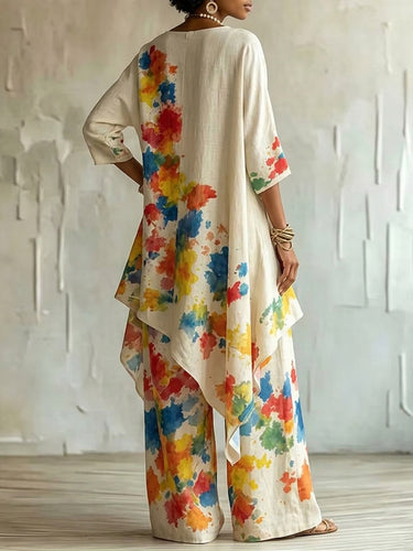 1781402 High-Low Loose Asymmetric Contrast Color Printed Boat Neck Blouses&Shirts Tops