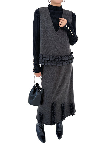 1734789 Contrast Color Ruffled Split-Joint V-Neck Vest Top + Elasticated Waist High Waisted Pleated Skirts Bottoms Two Pieces Set