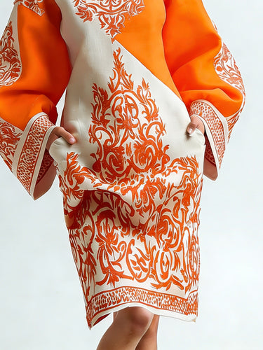 1749681 Long Sleeves Loose Contrast Color Flower Print Pockets Round-neck Mini Dresses